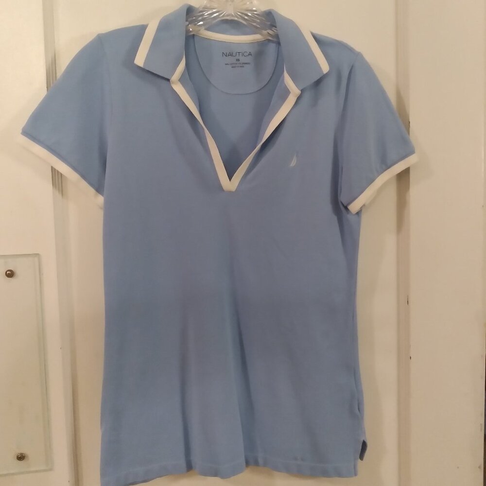 Nautica stretch cotton polo shirt Women's XS, Della Robbia blue , white trim